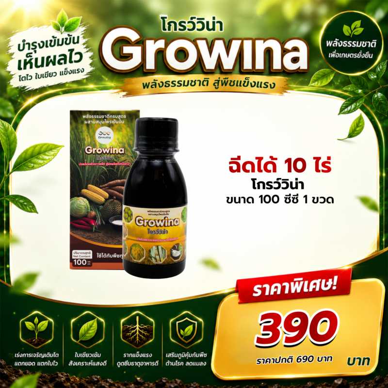Growina โกรว์วิน่า | ฮอร์โมนพืชสกัดสมุนไพรธรรมชาติ 100% เพิ่มผลผลิต 2-5 เท่า ขนาด 100cc 1 ขวด