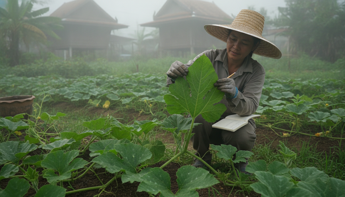 เดินแปลงพลิกดูใบล่างเพื่อเฝ้าระวังราแป้งช่วงตุลาคมถึงกุมภาพันธ์